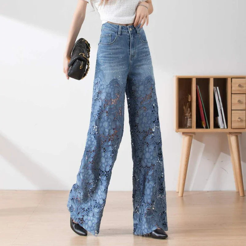 Women High Waist Lace Patchwork Pantalones Hollow Out Oversized Spring Casual Loose All Match Pants