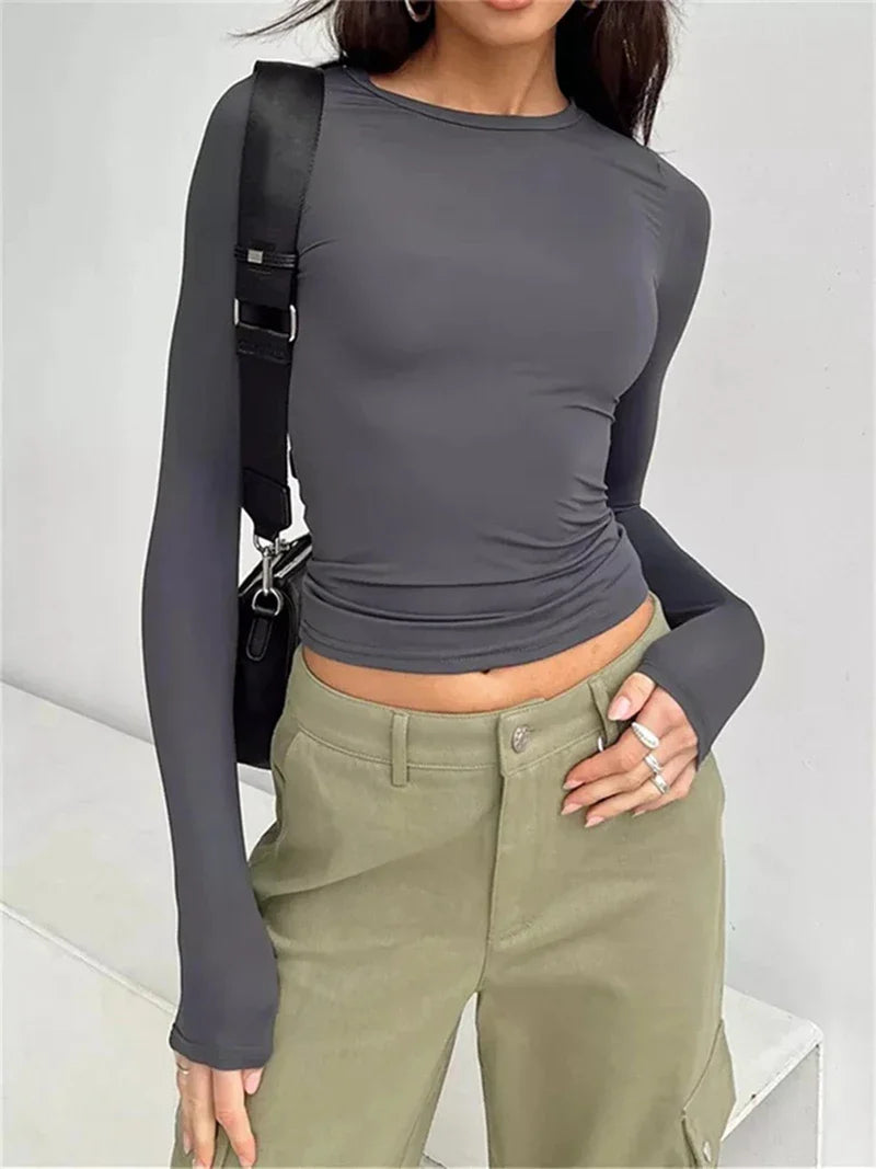 Long Sleeve T Shirt Women Y2k Crop Top Casual Slim Fit Pullovers Solid O Neck T-shirts Streetwear Female Basic Tee