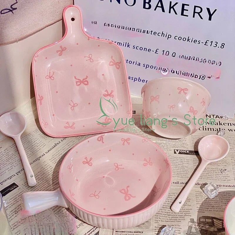 Pink Bow Ceramic Cutlery Set, Home Tableware Ceramic Handle Bowl Yogurt Cup High Value Breakfast Plate Drinkware