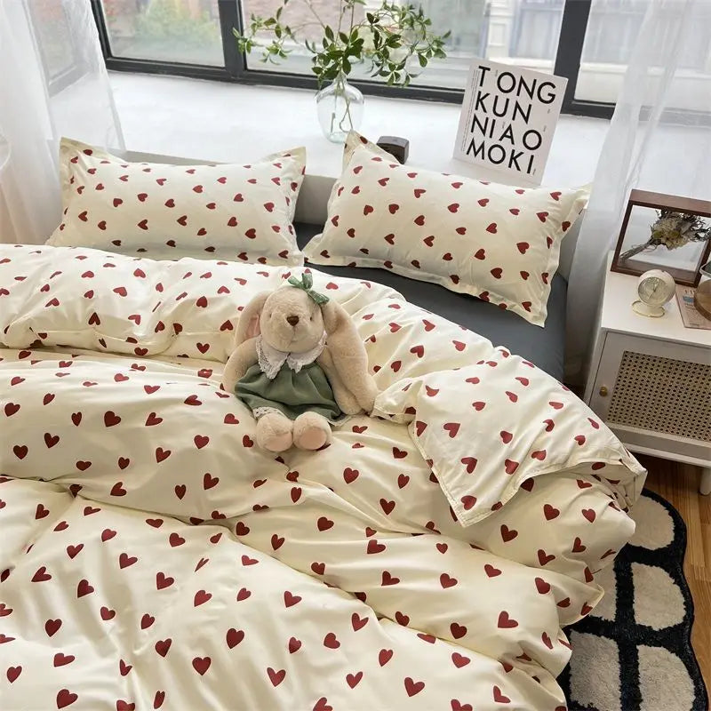 Romantic Cherry Heart Duvet Cover Set Flat Sheet Pillowcases Fashion New Twin Full Floral Bedding Set