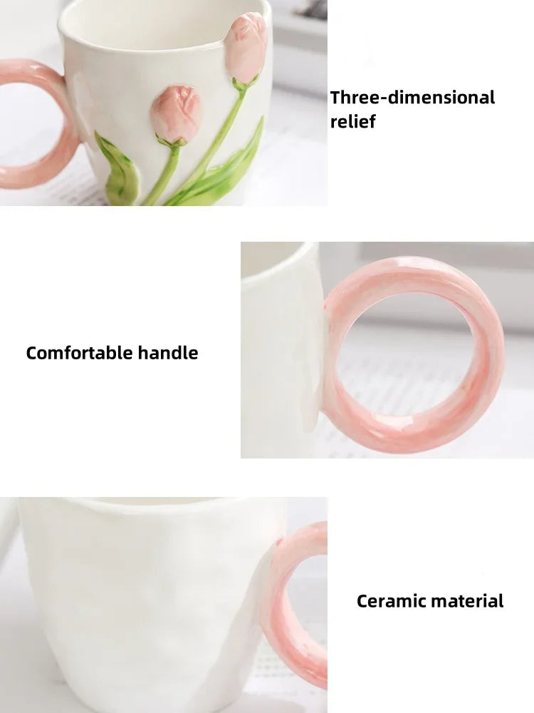 Tulip Flower Ceramic Mug Three-dimensional Design Creative Girl Heart Cup