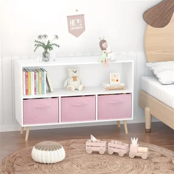 White/Pink Kids Bookcase with Collapsible Fabric Drawers, Children's Book Display, Toy Storage Cabinet Organizer
