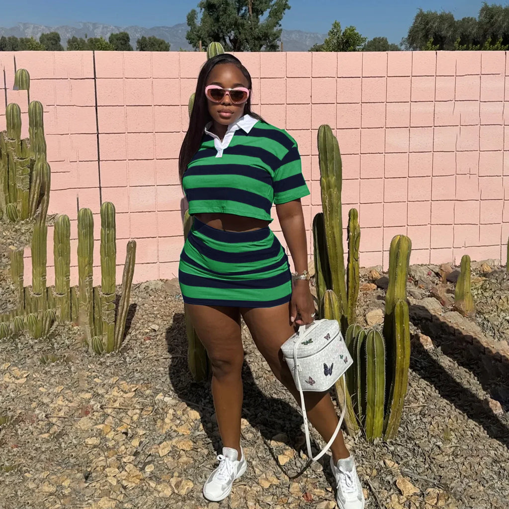 Striped Print Two Piece Set Women Casual Lapel Short Sleeved Polo Tshirt Skirt Two Piece Set Women