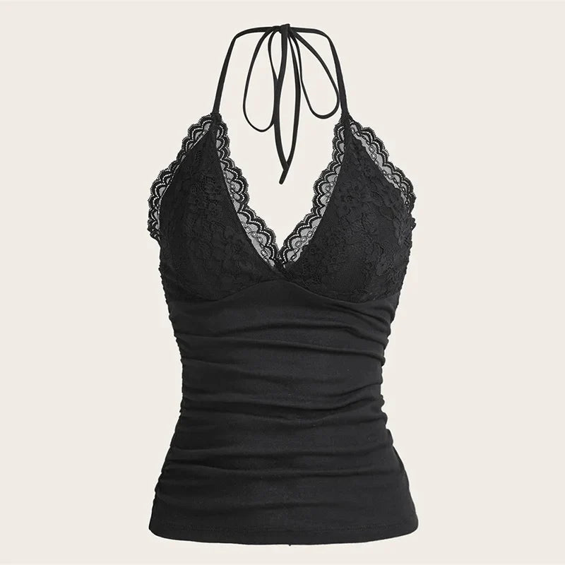 Goth Grunge Punk Black Lace Patchwork Halter Top Women Summer Solid Ruched Backless Sleeveless Tank Top Streetwear Y2K Clothes