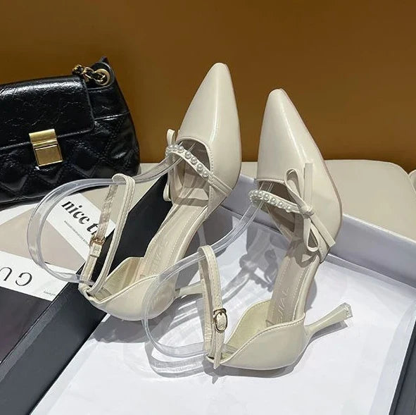 Women Pearl Pumps Heeled Pointed Toe with Side Bowknot