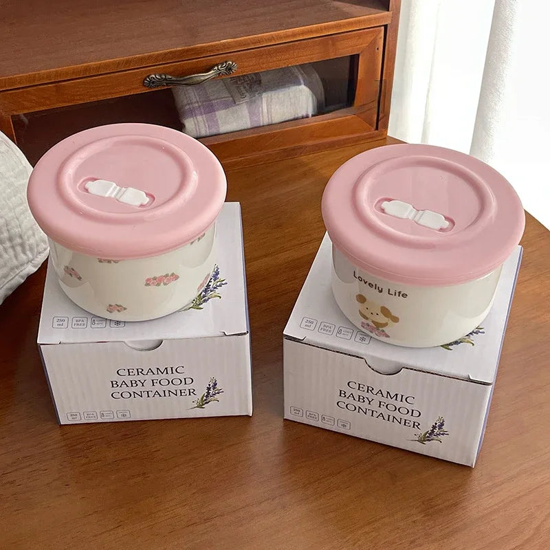Cute Ceramic Snack Bowl with Lid, Exhaust Hole, Sealed and Fresh-keeping Bowl, Small Lunch Box for Steaming and Cooking