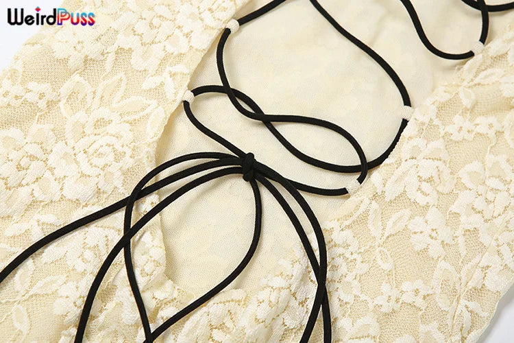 Lace Patchwork Dress Woman Sexy See Through Bandage Backless Ruffles Long Sleeve Irregular Hem Skinny Bodycon