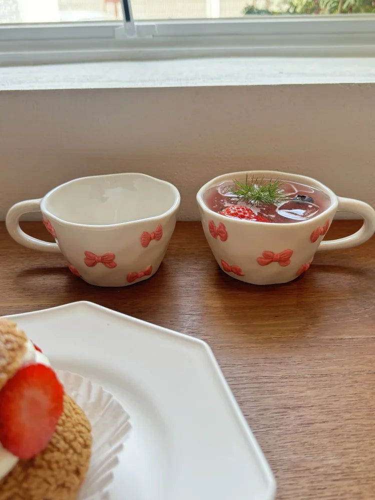 Hand Pinched Irregular Ceramic Hand-drawn Daisy Milk Tea Cup Pink Bow