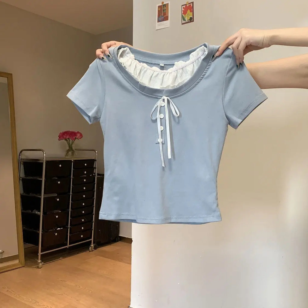 Sweet Style Fake Two-piece Bow Sweet Girl Top Short Sleeve T-shirt Slim Fit