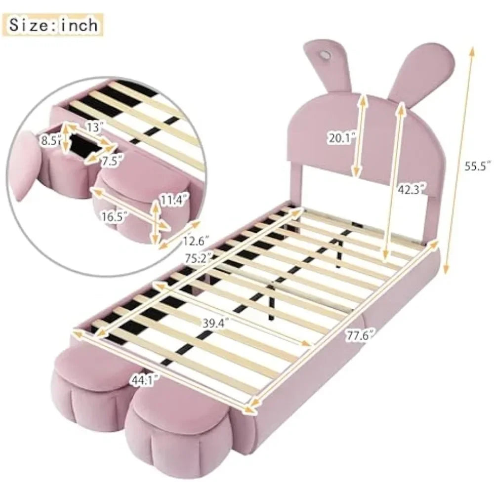 Twin Size Upholstered Platform Bed with Cartoon Ears Shaped Headboard and Light, Princess Platform Bed for Girls/Kids