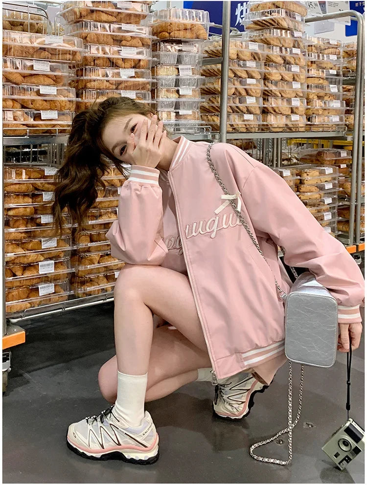 Sweet Butterfly Knot Pink Baseball Jacket Women's Spring Autumn Casual Loose Fit round Neck Full Sleeve Fashionable Coat
