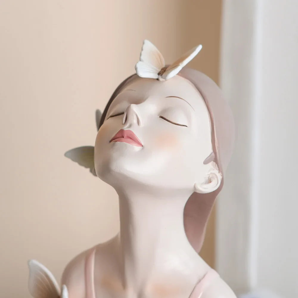 Pink Girl Butterfly Fairy Figurines, Resin Tabletop Statues, Creative Girl Bust With Butterflies, Home Decor Craft