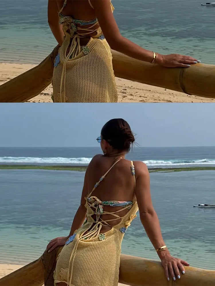 Sexy Beach Women's Set Beading Flower Crochet Crop Top Slim Maxi Skirt Female Suit Summer Hollow Out Knit Lady Dress Sets