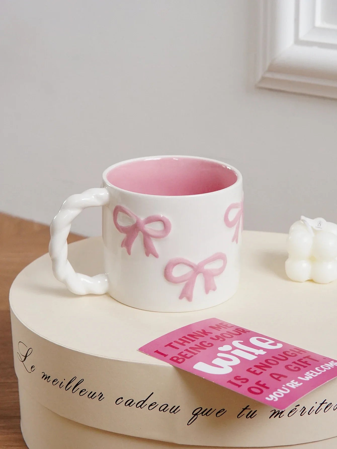 Pink Bow Ceramic Mug, Twist Handle Ceramic Mug, Exquisite and Simple Pink Embossed Mug