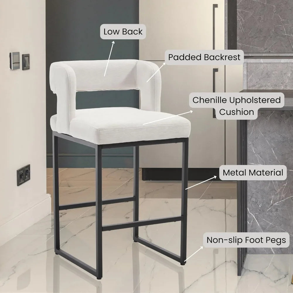 Modern Bar Stools Set of 2, 26'' Counter Height Bar Stool with Sturdy Metal Steel Frame, Chenille Upholstered Barstools with Back
