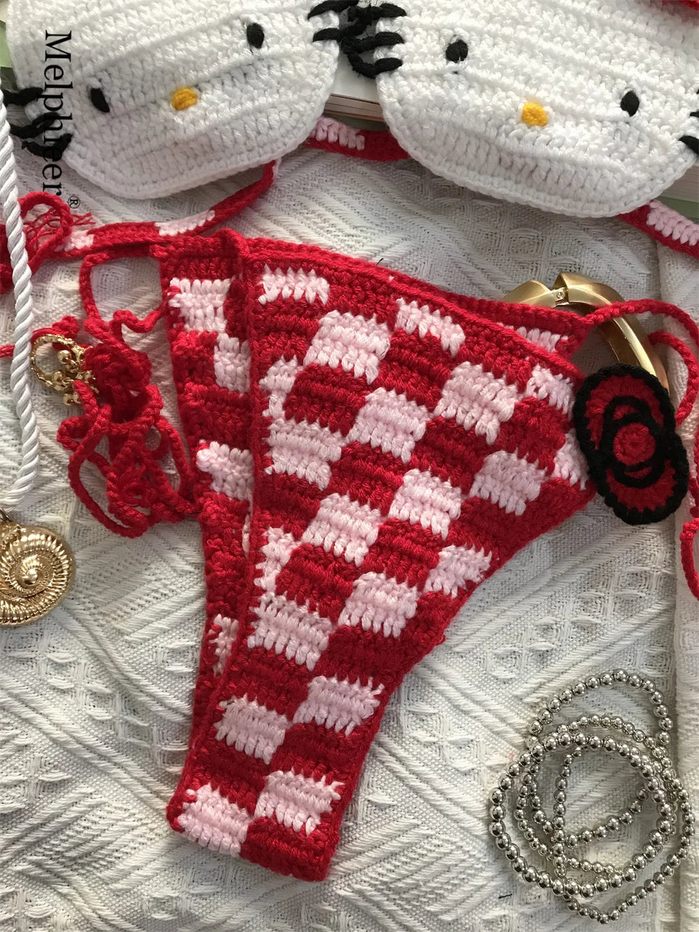 Ladies Cute Crochet Bikini Set 2 Pieces Bathing Suit Sexy Micro Bikinis Ties Swimsuit Thong Suit
