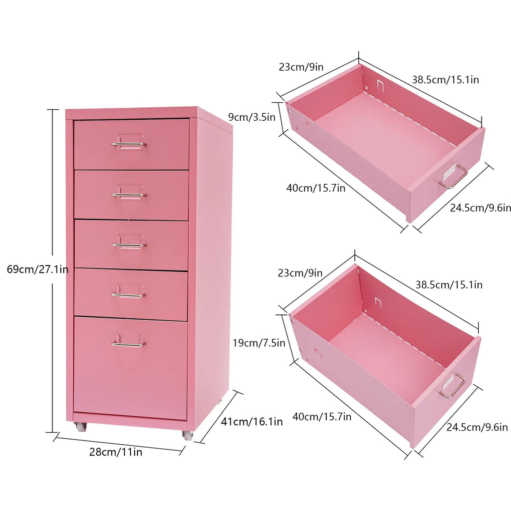 Tall Pink File Cabinet on Wheels 5-Drawer Storage Cabinet Home Furniture for Kitchen, Bedroom, Office, Study | 27 Inch