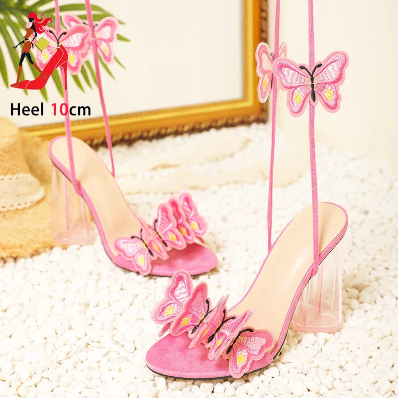 Pink Crystal High Heels Embroidered Butterfly Lace-up Sandals