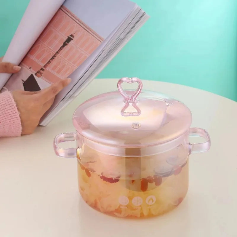 Pink Transparent Pot Heat Resistant Glass Dual Handles Nonstick Glass Saucepan With Cover Kitchen Cooking Tool Stock Pot