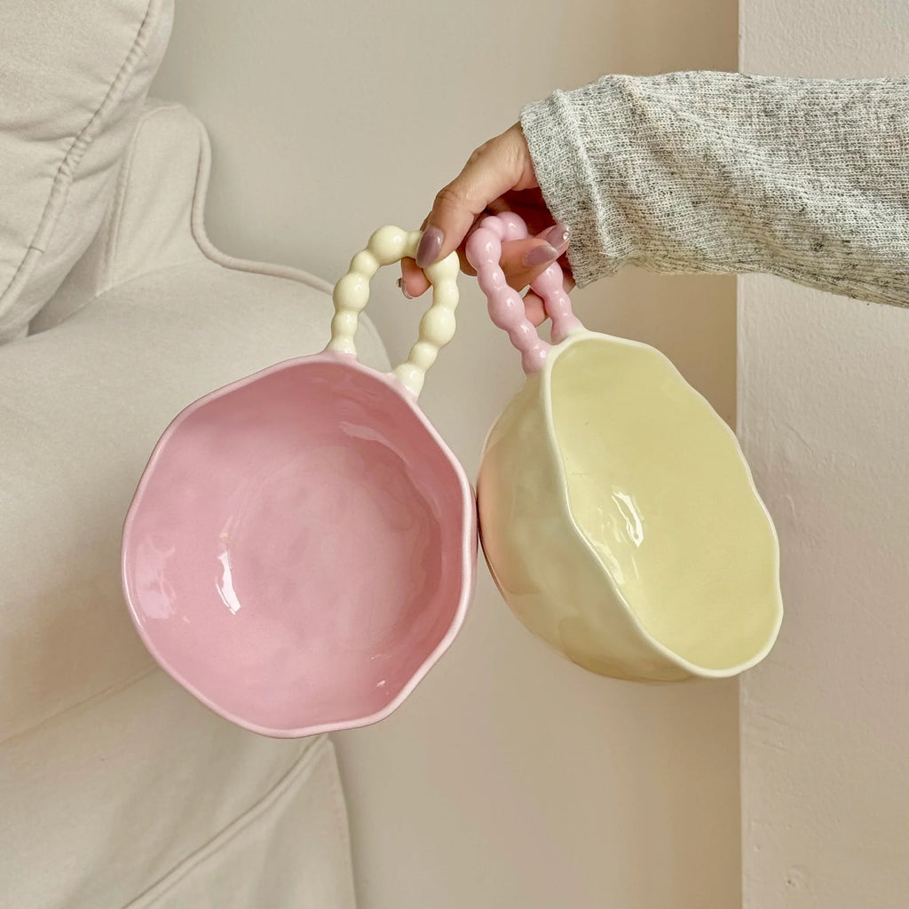 High Beauty Ceramic Instant Noodle Bowl with Pearl Handle Home Irregular Shape Cute Yogurt Bowls Fruit Dessert Tableware