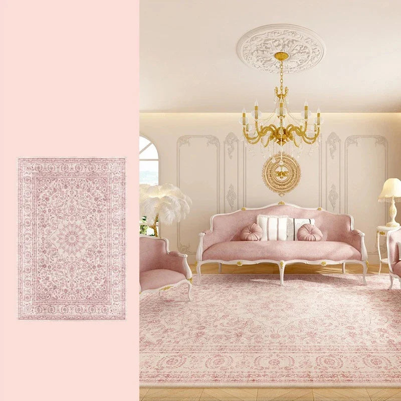 Living Room Carpet Pink Retro Carpets Soft Foot Mat Bedroom Bedside Floors Non-slip Advanced Light Luxury Home Decoration Rug