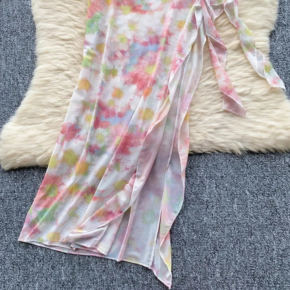 Flower Strapless Halter Tank Top and Split Ribbon Skirt Two Piece Set