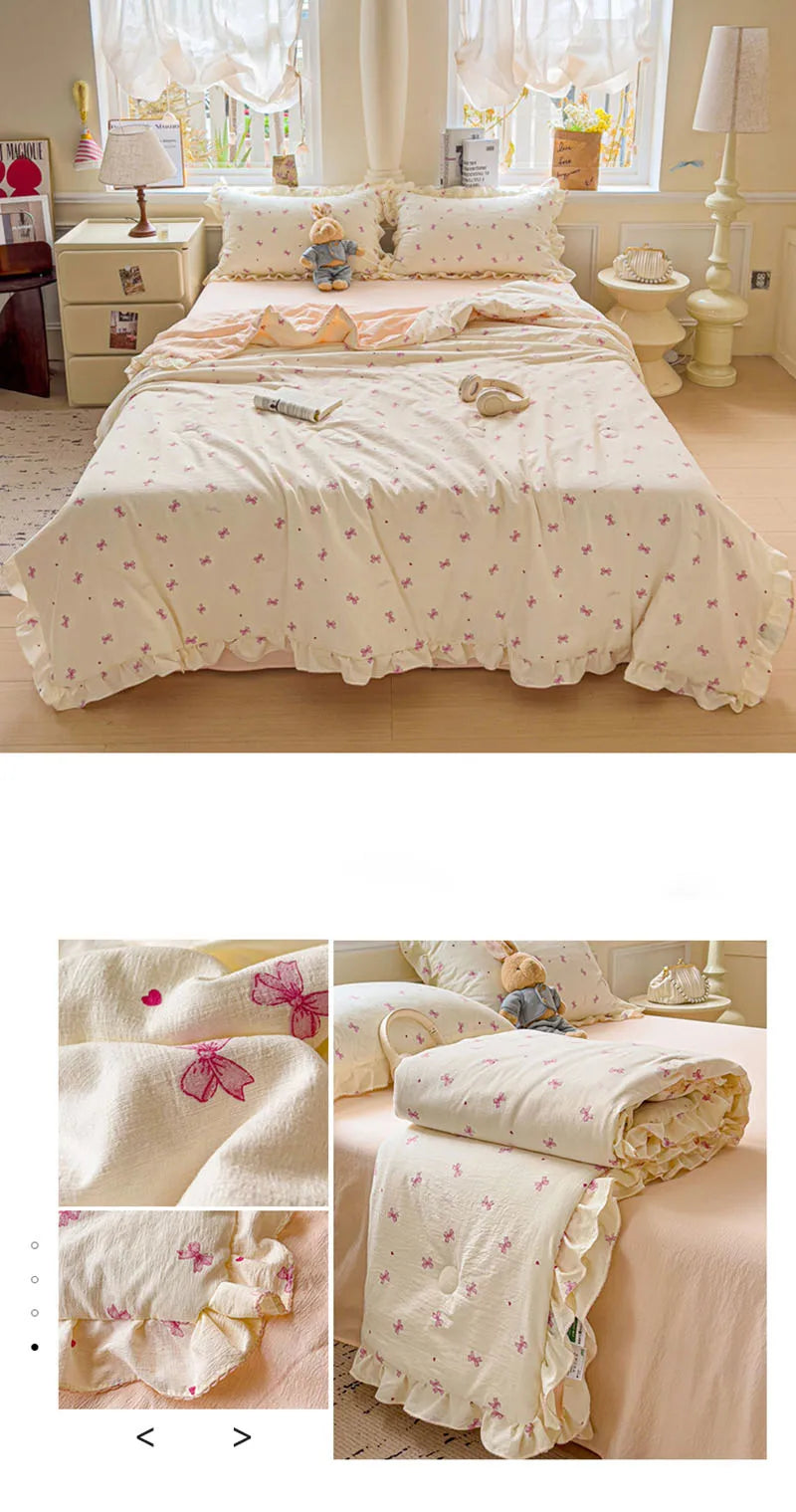 Korean Quilt with Lace and Ruffle Pure Cotton Patchwork Comforter for Summer Skin-Friendly Breathable Cooling Blanket for Home