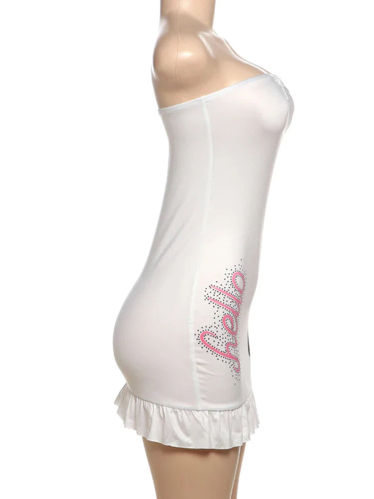 Metal Hearts Strapless Dress Women Fashion Print Sexy Cleavage Backless Skinny Peach Hip Mini Bodycon