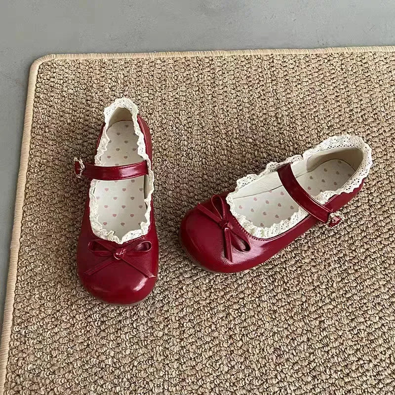 Original Lolita Flat Shoes with Butterfly Knot Soft Bottom Round Head Single Lined Women's High Heel