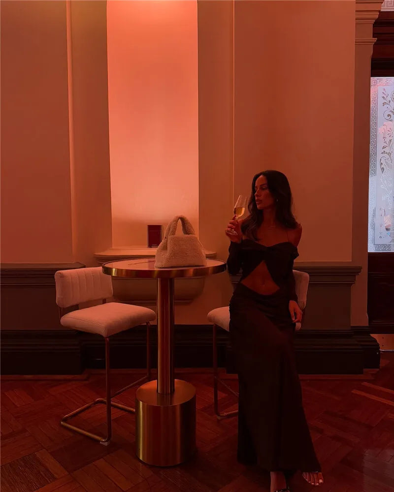 Hollow Out Ruched Sexy Maxi Dress Women Gown Halter Long Sleeve Strapless Backless Draped Slim Elegant Long Dress