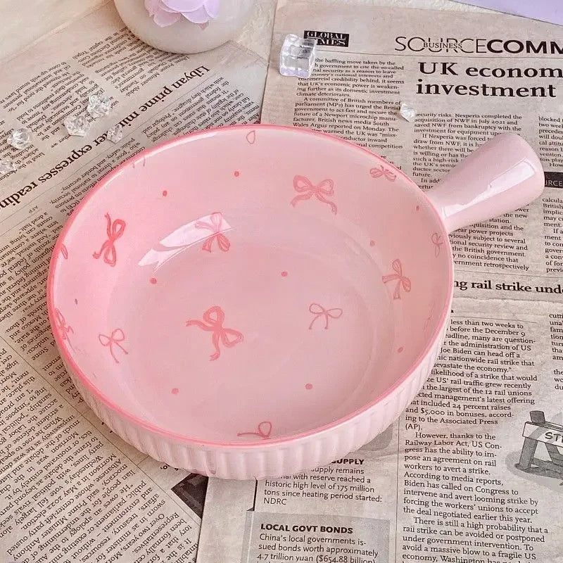 Pink Bow Ceramic Cutlery Set, Home Tableware Ceramic Handle Bowl Yogurt Cup High Value Breakfast Plate Drinkware