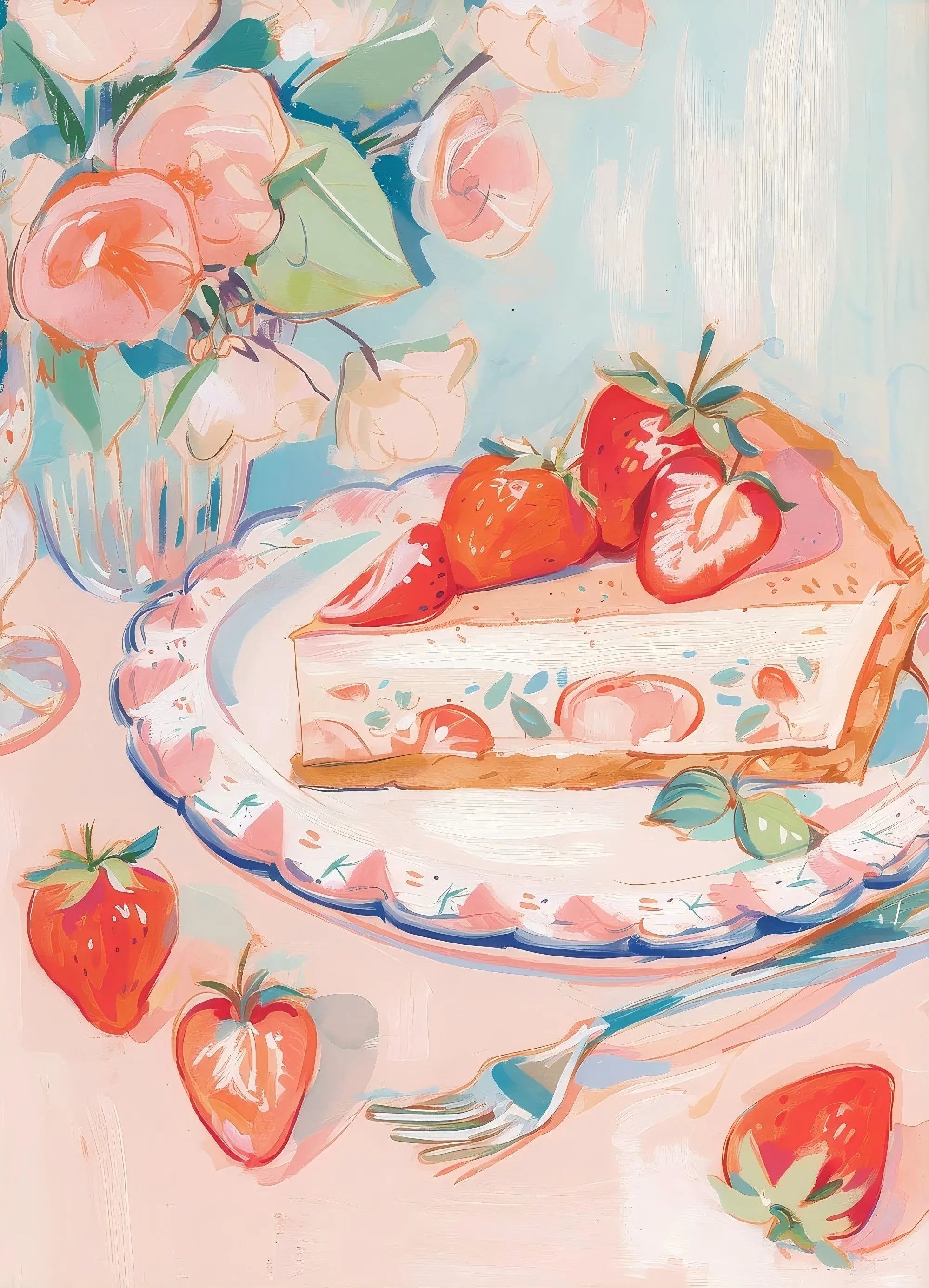 Retro Pink Cake Shop Dessert Gourmet Strawberry Cake Tea Poster Canvas Painting Prints Art Pictures Wall Decor