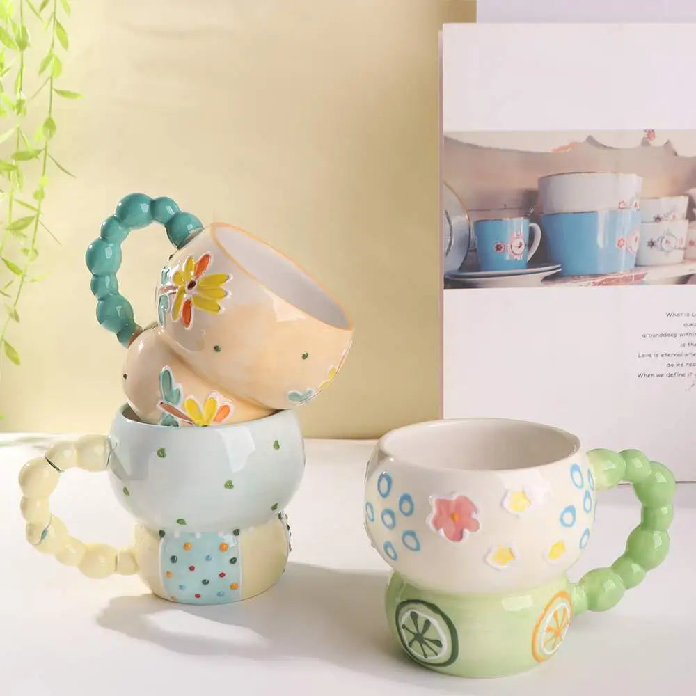 Cute Ceramic Breakfast Cup Hand Painted Large Capacity Floral Pattern Cup
