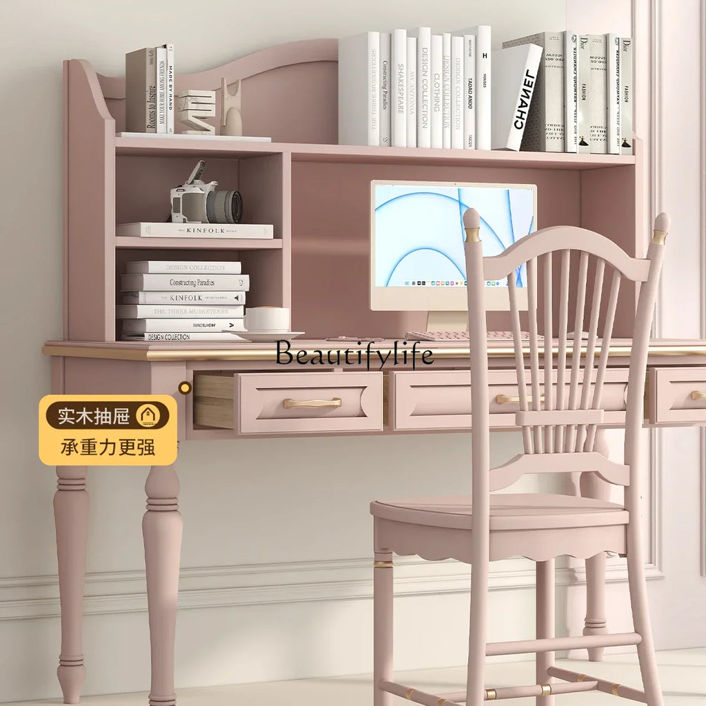 Minimalist Light Luxury Pink Writing Table with Bookshelf, Living Room Study Table and Chair Combination in Oak and Walnut.