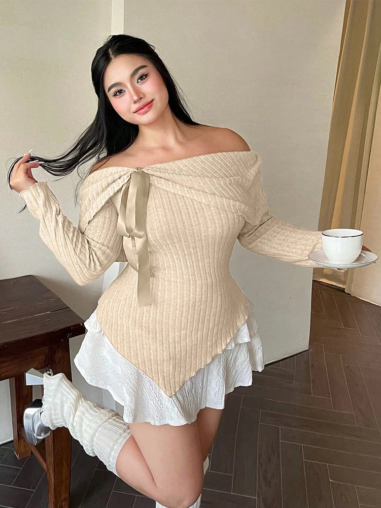 Plus Size Womens Solid Colour Strapless Long Sleeve Simple T Shirt Spring Daily Casual Dress Up Cute Wind Pure Colour Polyester