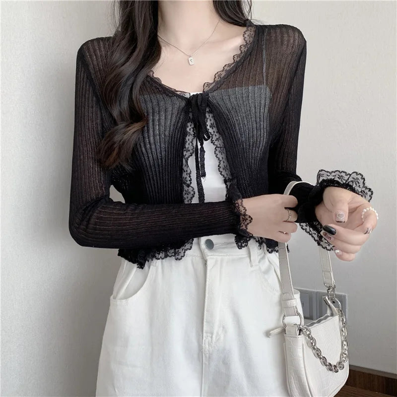 Lace Knitted Cardigans Long Sleeved Short Lace-Up Thin Shawl