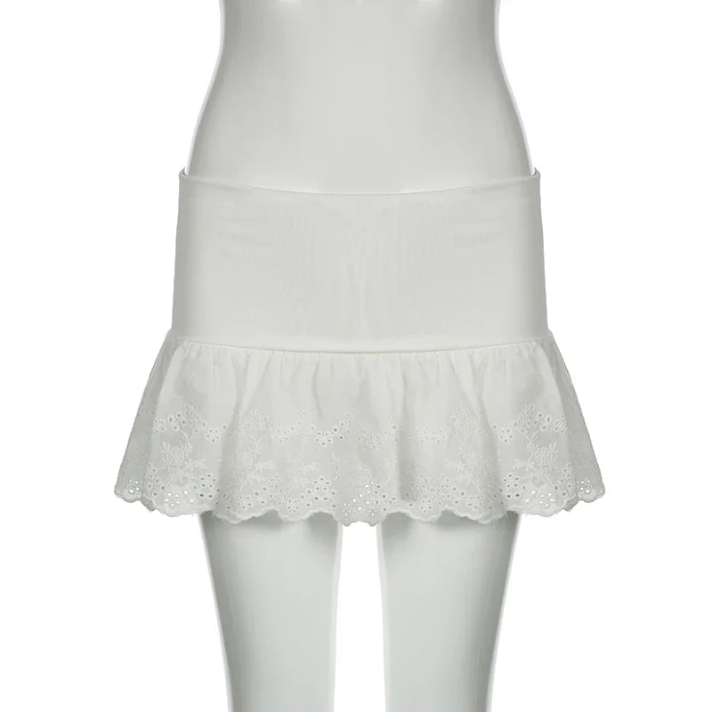 White Lace Pleated Skirt with Shorts Cute Coquette Low Rise Patchwork Super-short Mini Skirt