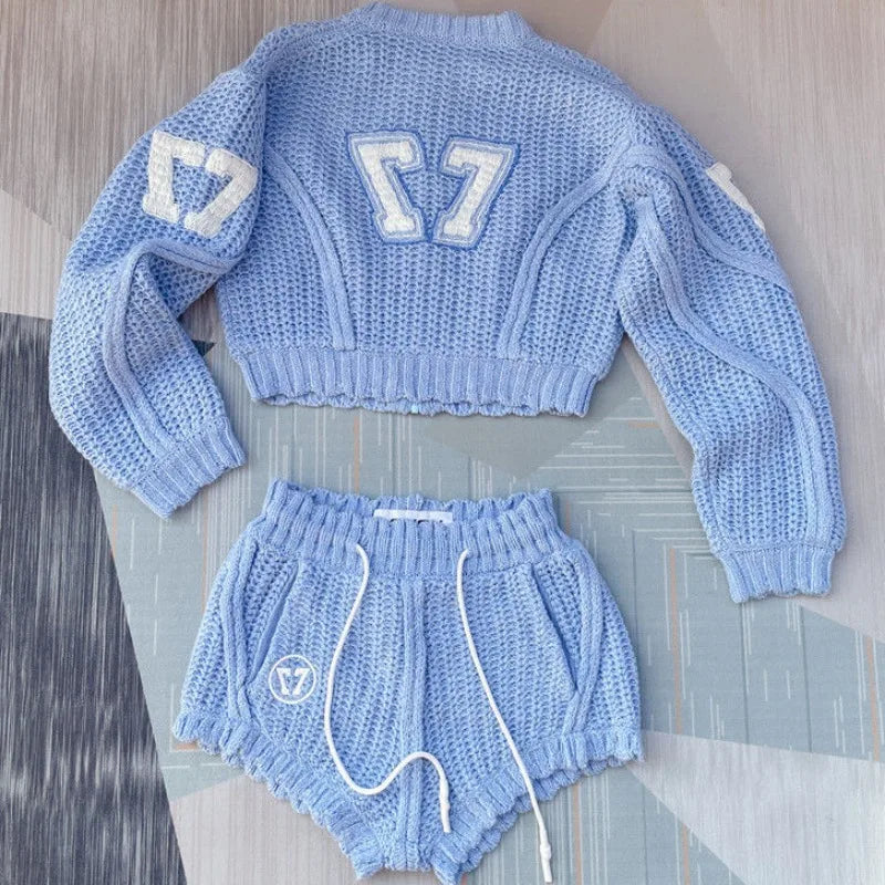 Knitted Clothing 2 Piece Womens Outfits Roupas Femme Zipper Letter Cropped Cardigan High Waist Casual Shorts Suit Set