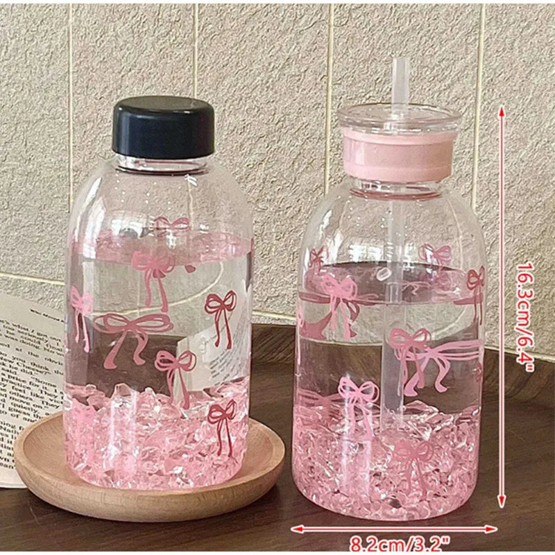 Cute Bow Plastic Bottle Ice With Straw Lid Sweet High-value Bow Cup Portable Cup