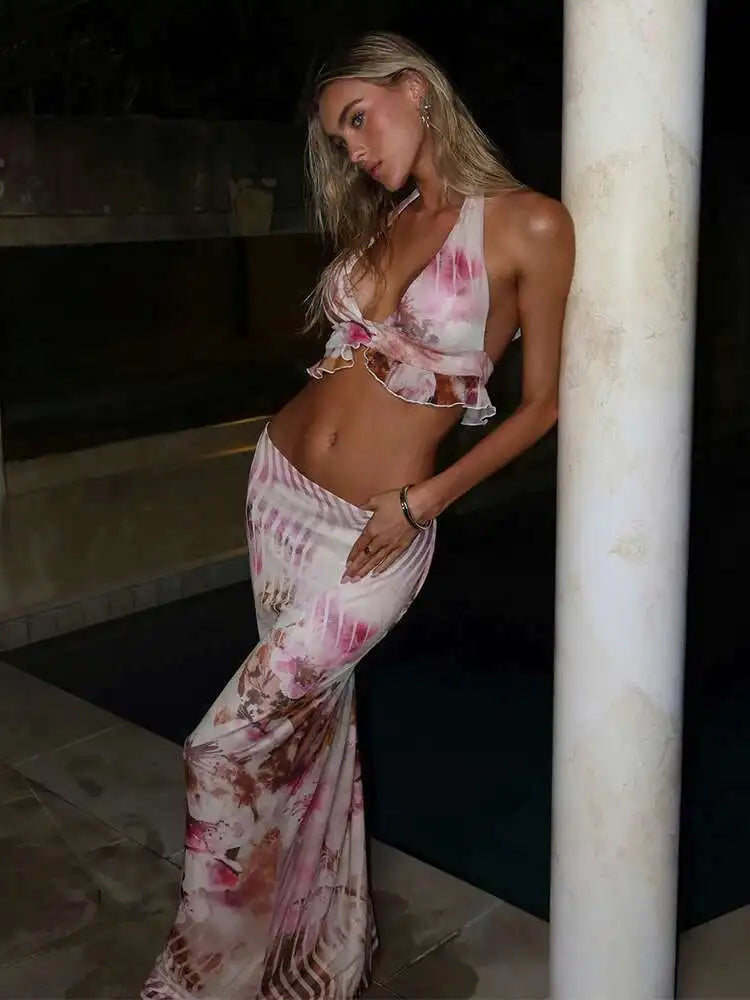 Sexy Party Two Piece Set Deep V Crop Top Midi Skirts Bodycon 2 Pieces Set