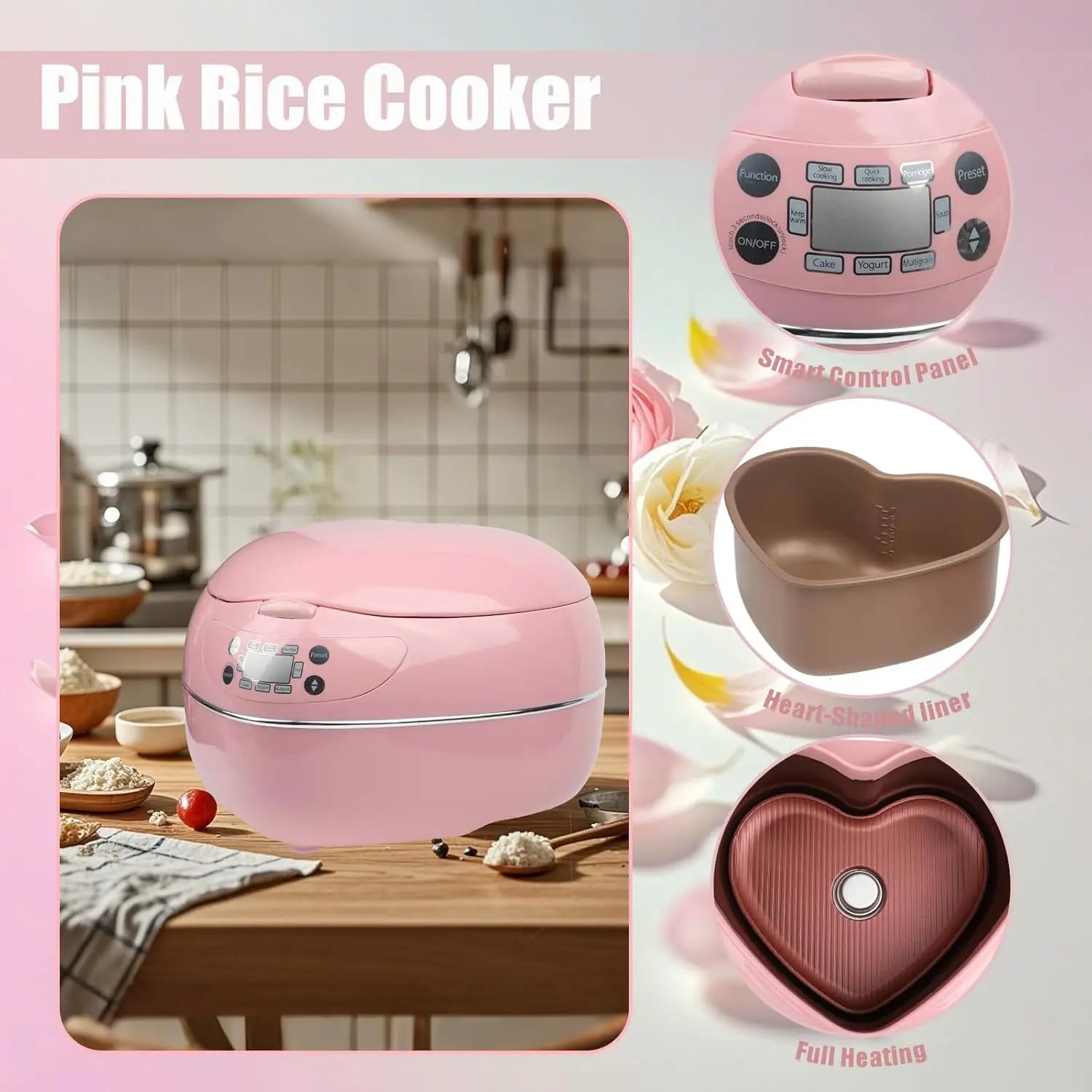 Pink Rice Cooker, Smart Rice Cooker 8 Cup With Delay Preset Timer And Auto Thermostat, Keep Food Warm