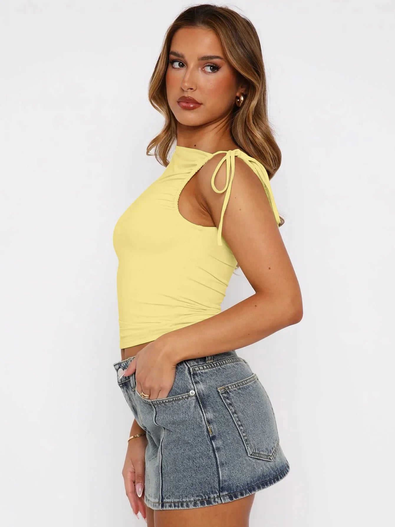 Sleeveless Skew Collar Ruched Lace Up Bodycon Crop Top Sexy Elegant l