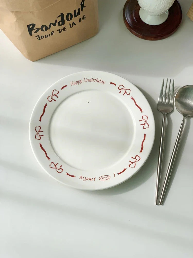 Pink Bow Ceramic Dessert Plate French Vintage Hand-painted Dish