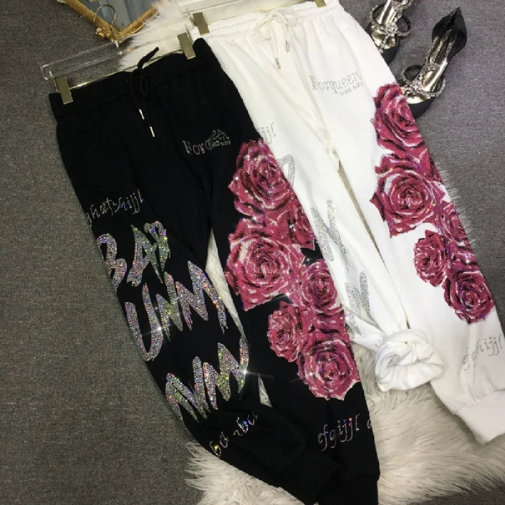 XL-4XL Plus Size Women's Pants Rhinestone Flower Big Size Sweatpants Casual Streetwear High Waisted Baggy Pants Woman