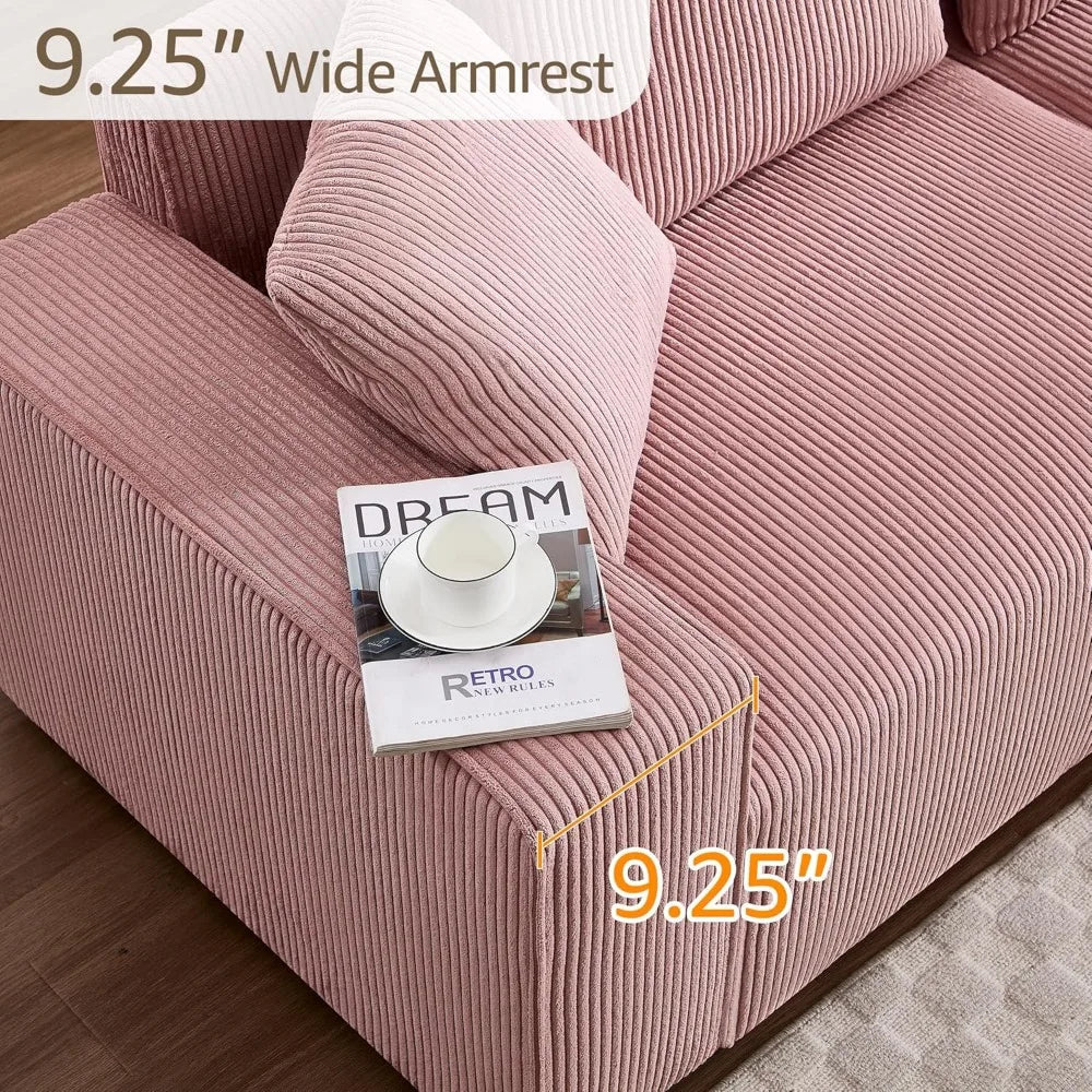 Modern Corduroy Sofa, 88.5 inch Wide, Living Room Couch with Wide Arms, 3-Seater Living Room Couch with Throw Pillows