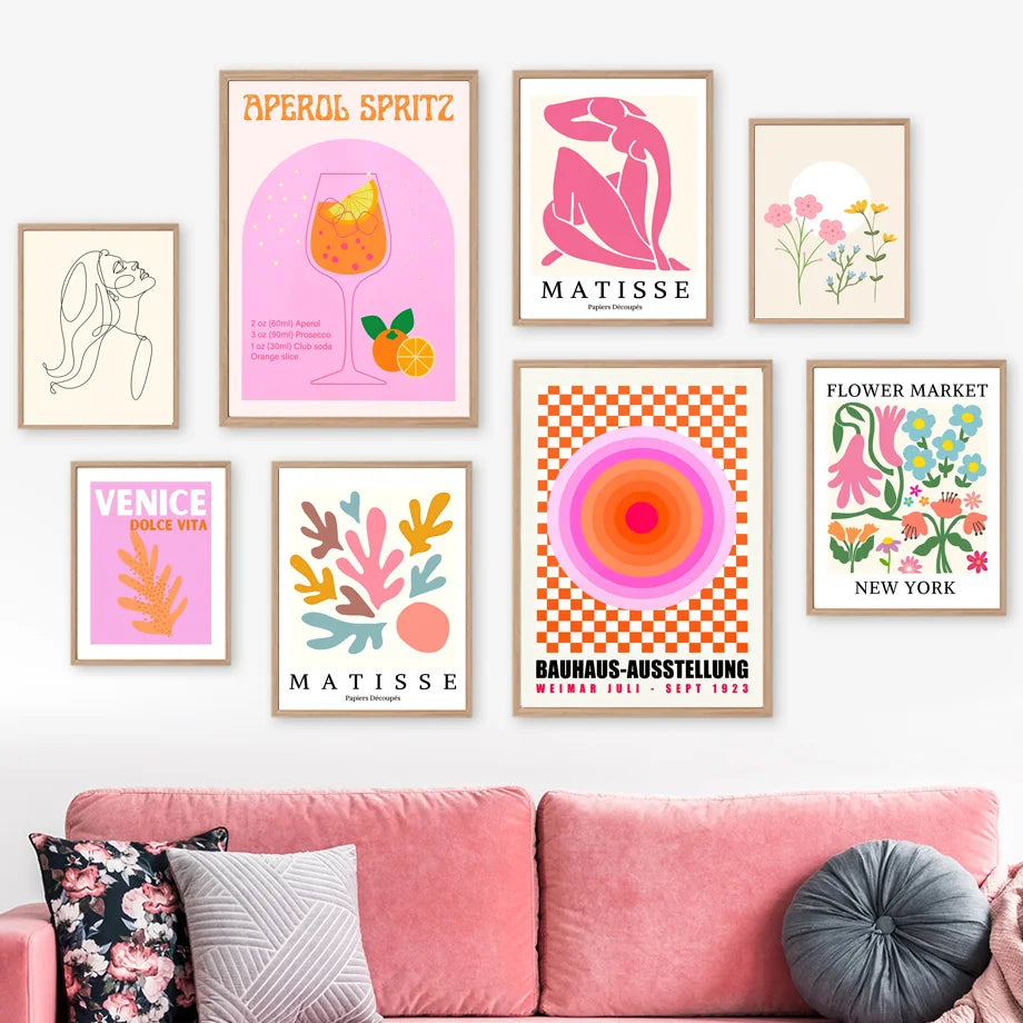Pink Matisse Flower Market Bauhaus Cocktail Abstract Gallery Wall Art Canvas Painting Poster Print Picture