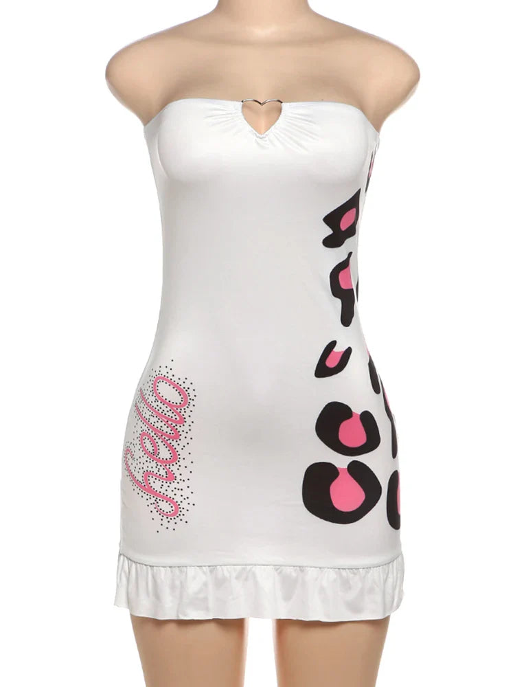Metal Hearts Strapless Dress Women Fashion Print Sexy Cleavage Backless Skinny Peach Hip Mini Bodycon
