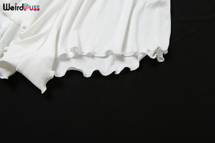 Solid 2 Piece Set Long Sleeve Single Breasted Crop Tops+Ruffles Simple Thin Mini Short Suit