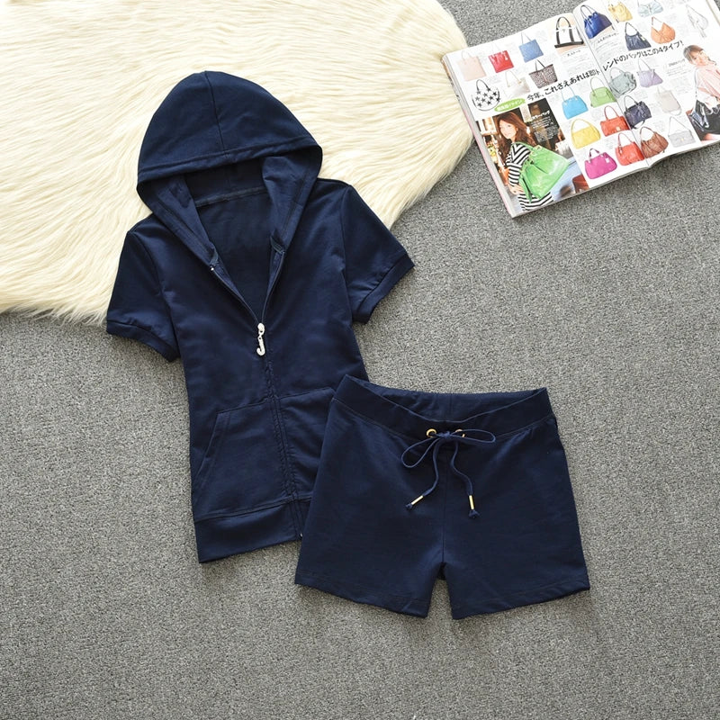 Summer Cotton Hoodie Sport Set Women's Solid Color Short Sleeve Shorts JC Summer Casual Fashion Two Piece Set