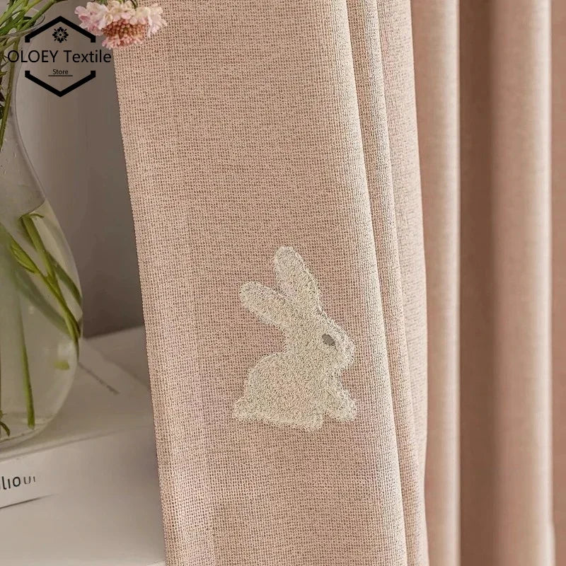 Pink Cartoon 3D Embroidered Rabbit Blackout Curtains for Living Room Bedroom Girls Room Sticky Chenille Drapes Home Decor
